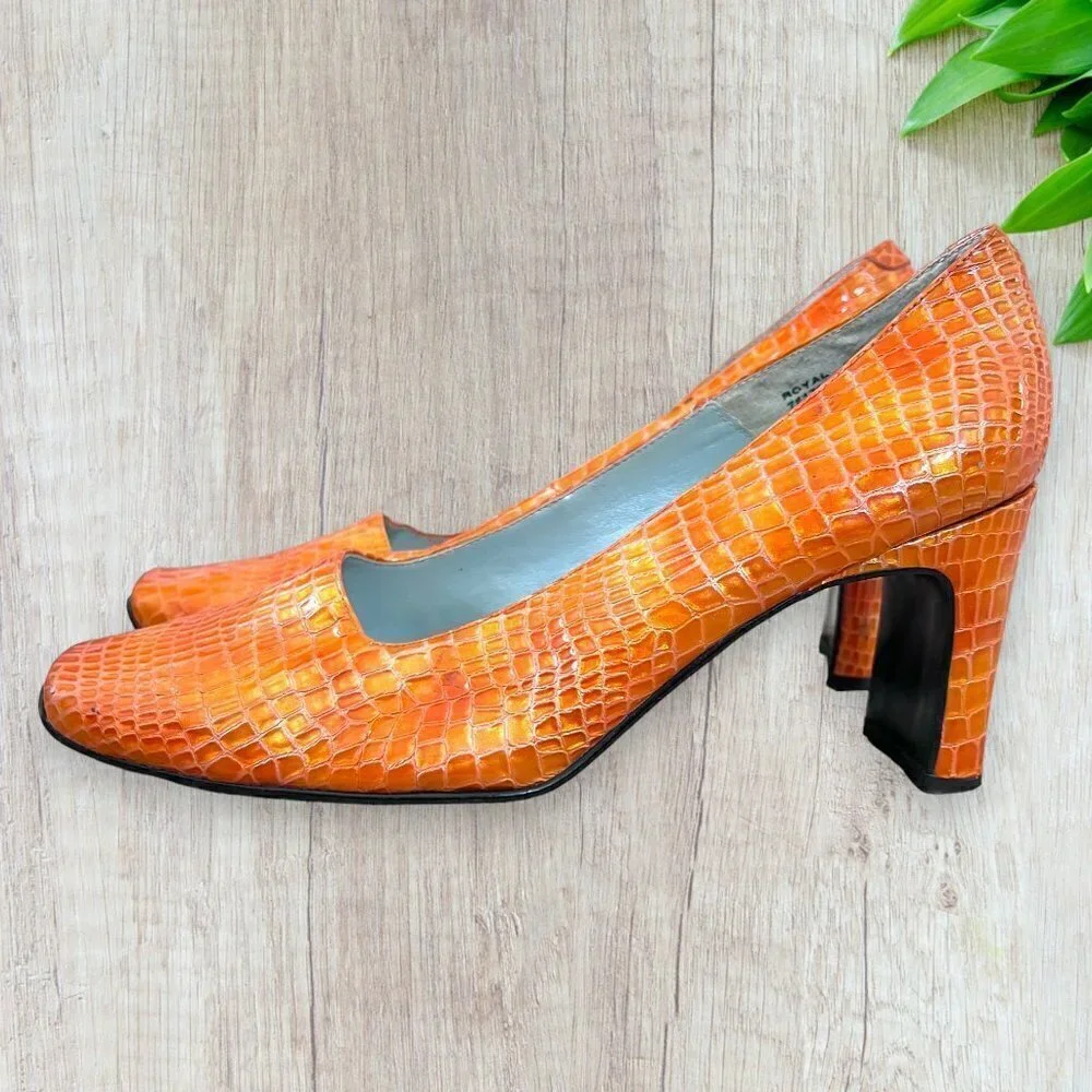 BELLINI Vintage 90s Orange Embossed Croc Print Square Toe Heels Womens 7.5